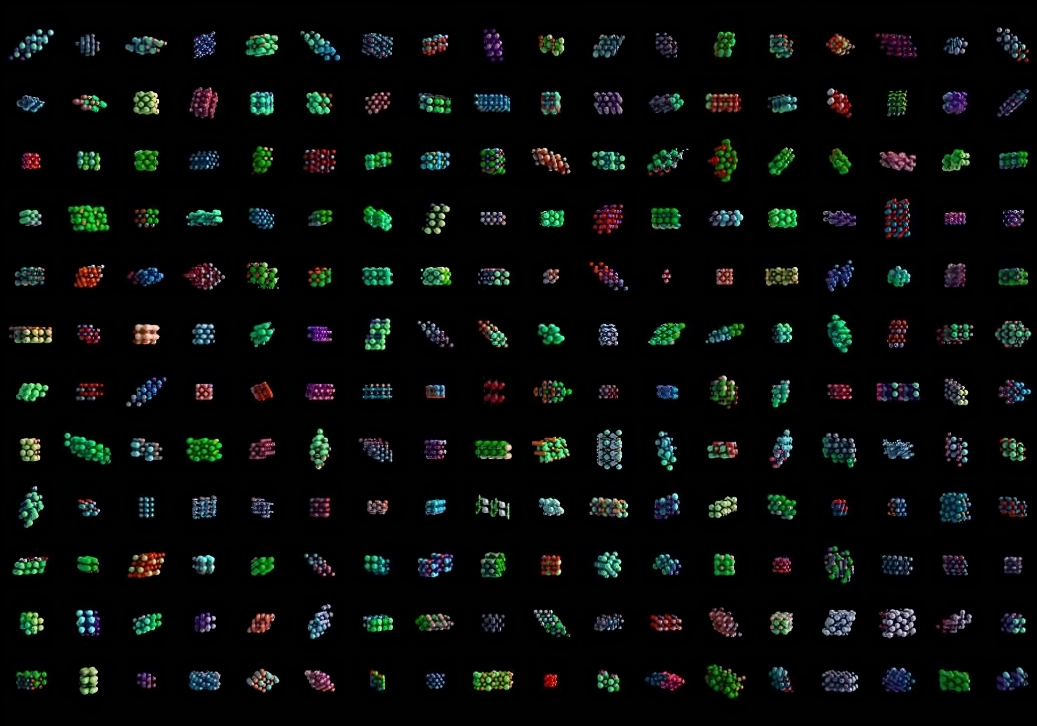 Illustration of new compounds being tested to illustrate the MatterGen diffusion model from Microsoft that uses AI to speed up materials discovery.