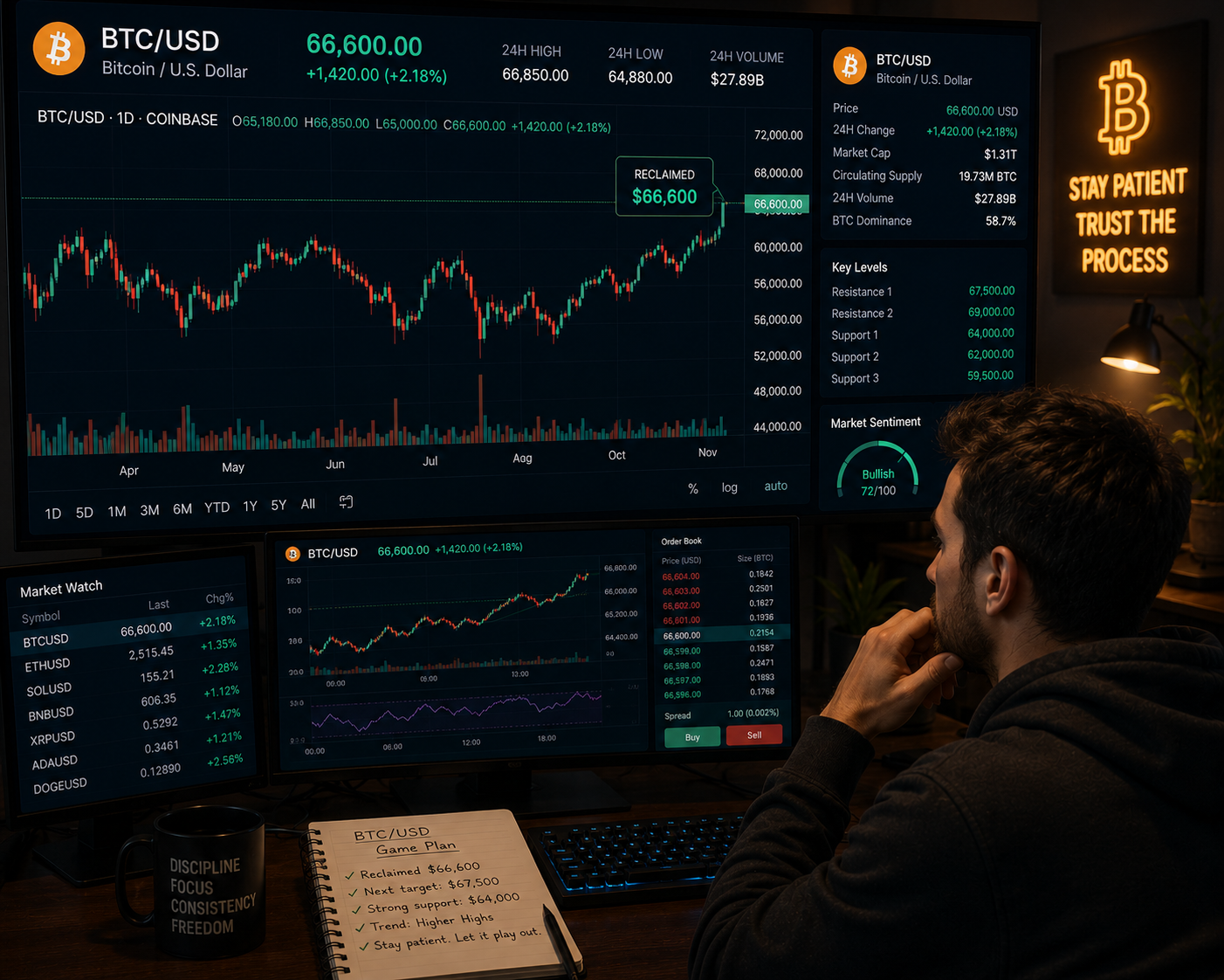 A trader analyzing Bitcoin as it approaches $67k.
